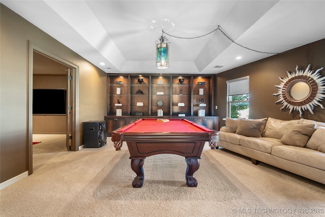 playroom with baseboards, visible vents, pool table, a raised ceiling, and light colored carpet