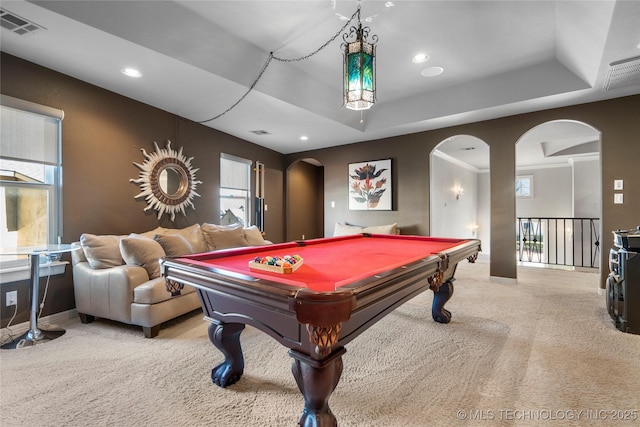 recreation room featuring arched walkways, visible vents, recessed lighting, and carpet floors