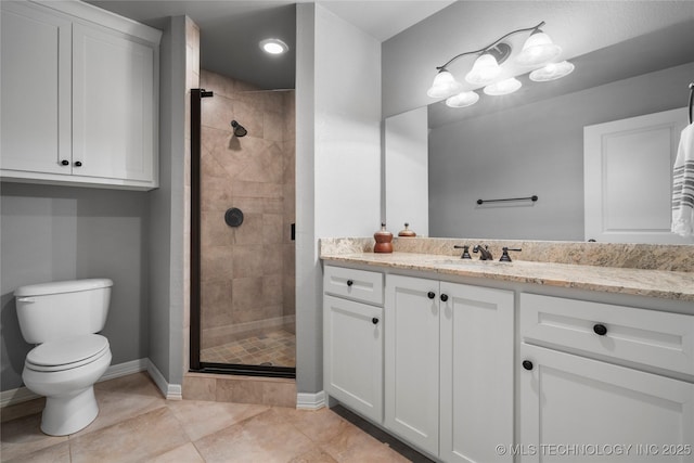 bathroom featuring vanity, baseboards, a shower stall, tile patterned floors, and toilet