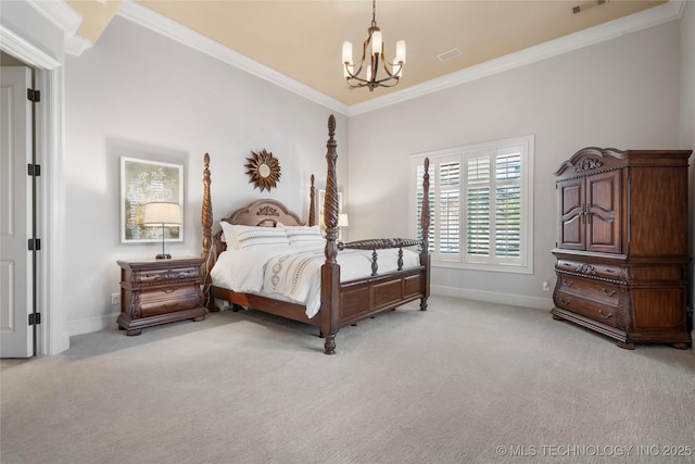 bedroom with an inviting chandelier, ornamental molding, and light carpet