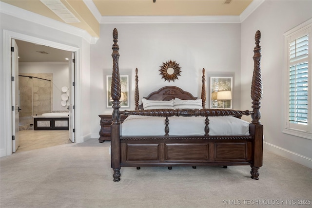 bedroom featuring baseboards, light colored carpet, ornamental molding, and ensuite bathroom