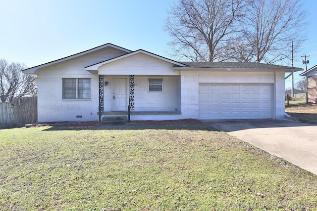 ranch-style house with brick siding, driveway, an attached garage, and a front lawn