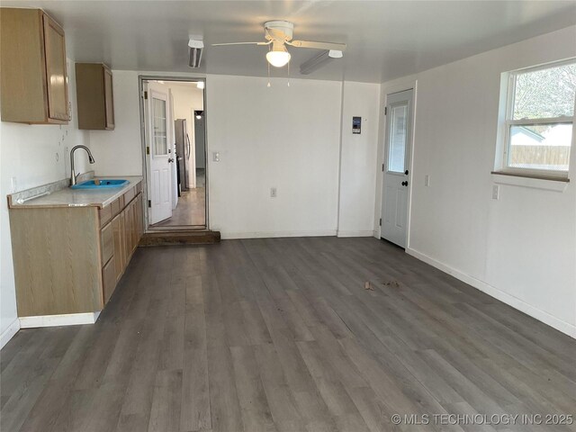 interior space featuring a sink, baseboards, dark wood finished floors, and light countertops