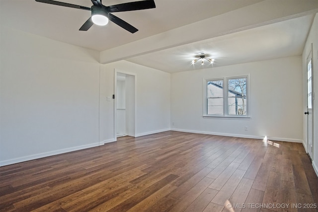 empty room with beam ceiling, baseboards, dark wood-style flooring, and ceiling fan