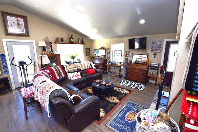 living area featuring lofted ceiling and wood finished floors