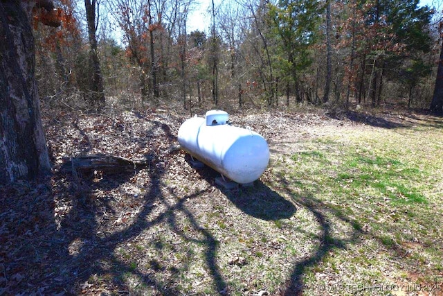 details featuring heating fuel and a wooded view