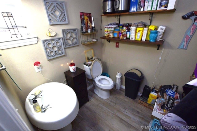 bathroom with toilet and wood finished floors