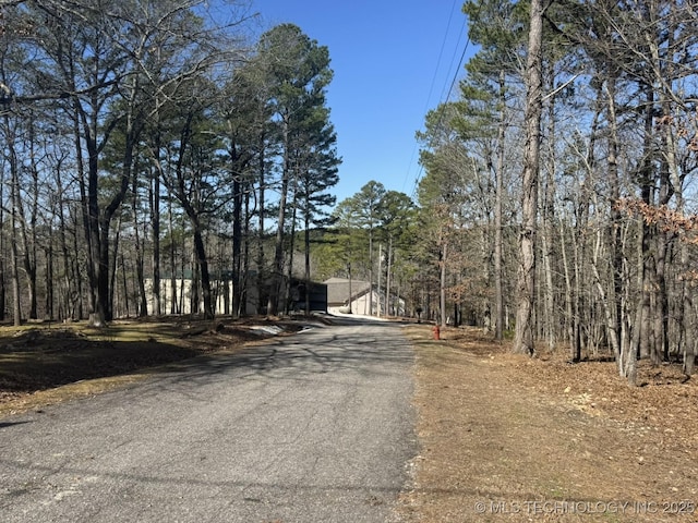 view of road with a forest view