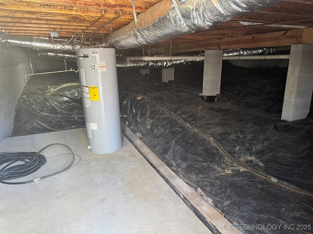 below grade area with water heater and crawl space