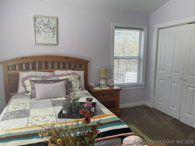 bedroom featuring a closet, baseboards, and carpet flooring