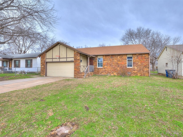 view of front of house with a front yard, an attached garage, a shingled roof, concrete driveway, and stone siding