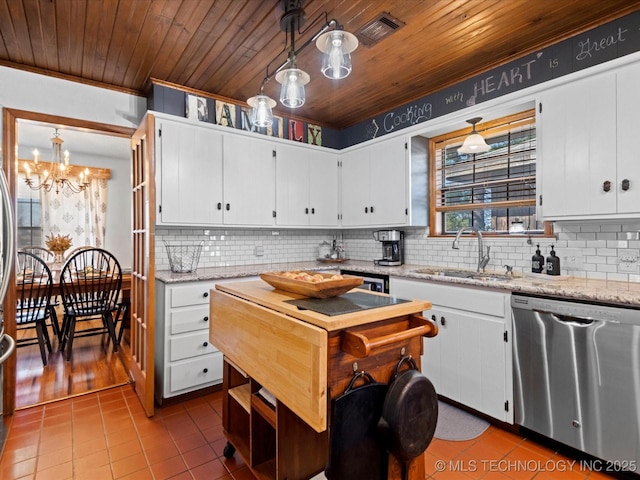 kitchen featuring a sink, tile patterned flooring, white cabinets, stainless steel dishwasher, and tasteful backsplash