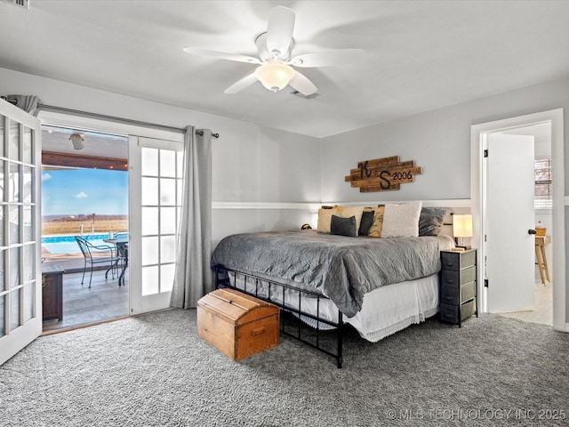 carpeted bedroom featuring access to exterior, visible vents, and ceiling fan