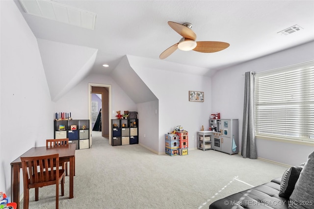 playroom with visible vents, carpet flooring, and lofted ceiling