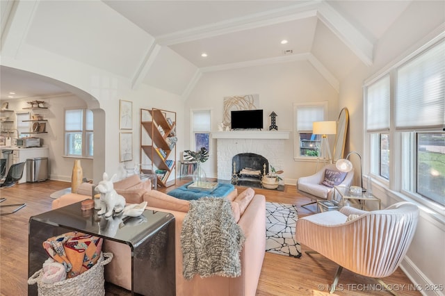 living room with vaulted ceiling and wood finished floors