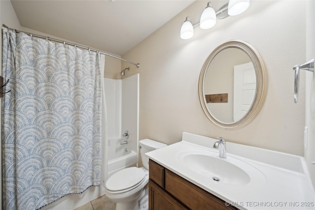 bathroom featuring tile patterned flooring, toilet, vanity, and shower / bath combo with shower curtain