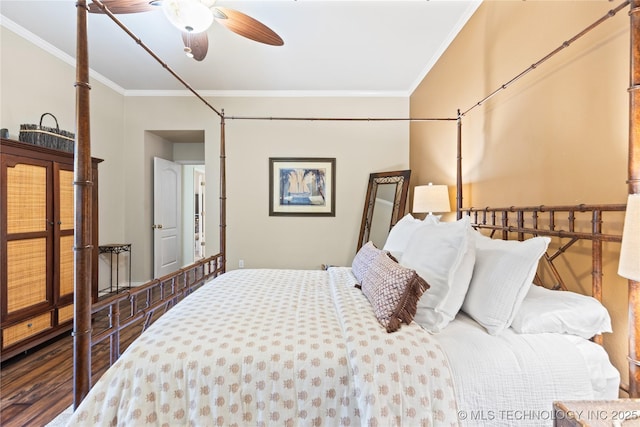 bedroom featuring crown molding, ceiling fan, and wood finished floors