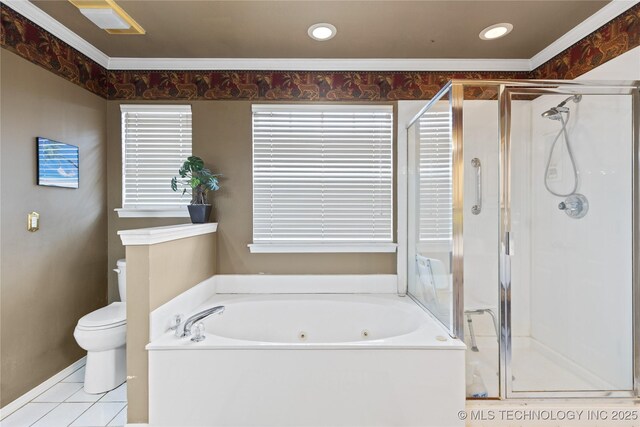 bathroom featuring toilet, recessed lighting, a shower stall, crown molding, and a whirlpool tub