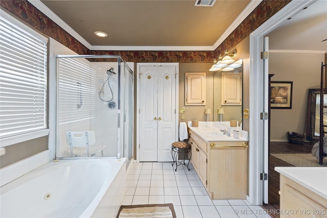 full bath with a jetted tub, a stall shower, vanity, and ornamental molding