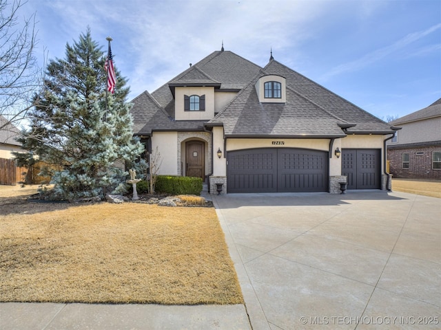 french country inspired facade with stucco siding, driveway, stone siding, roof with shingles, and a garage