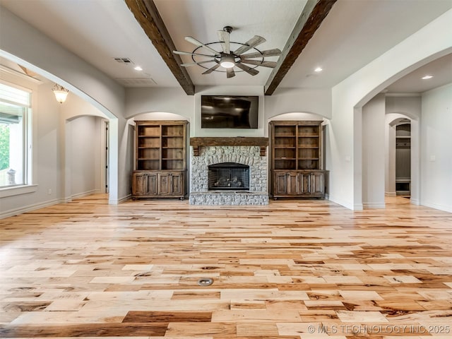 12491 S 105th Ave E, Bixby, OK 74008 - unfurnished living room featuring a ceiling fan, wood finished floors, beamed ceiling, baseboards, and recessed lighting