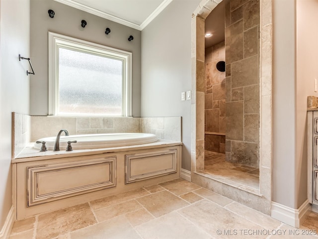 12491 S 105th Ave E, Bixby, OK 74008 - bathroom featuring a garden tub, ornamental molding, a tile shower, and stone finish flooring