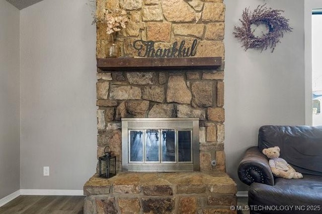 room details featuring baseboards, wood finished floors, and a fireplace