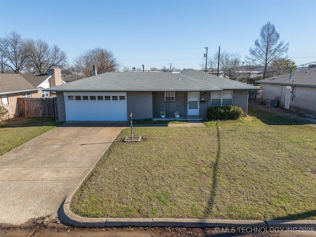 ranch-style home featuring a garage, concrete driveway, a front lawn, and fence