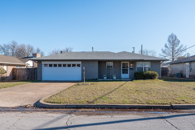 ranch-style house with brick siding, a front lawn, fence, concrete driveway, and a garage