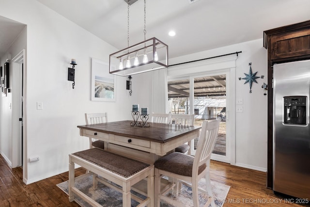 dining space featuring recessed lighting, baseboards, and dark wood-style flooring