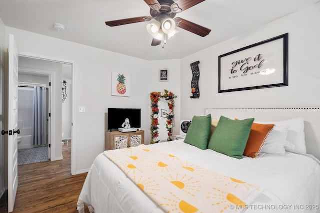 bedroom with baseboards, dark wood-style flooring, and ceiling fan