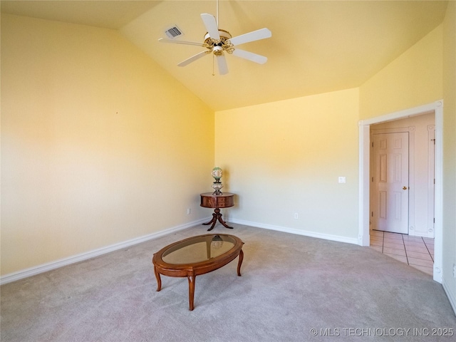 unfurnished room featuring a ceiling fan, visible vents, carpet floors, and high vaulted ceiling