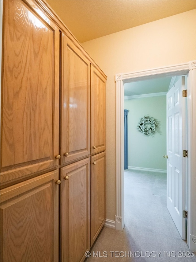 hall with light colored carpet and baseboards