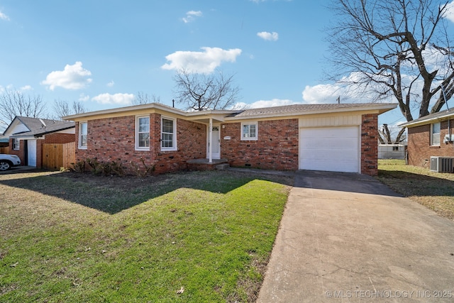 ranch-style home featuring central air condition unit, a front lawn, concrete driveway, an attached garage, and brick siding