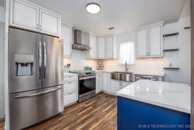 1522 Burney Cemetary, Calera, OK 74730 - kitchen featuring a sink, open shelves, appliances with stainless steel finishes, wall chimney range hood, and visible vents