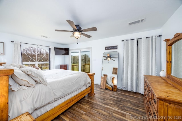 1522 Burney Cemetary, Calera, OK 74730 - bedroom featuring access to exterior, visible vents, dark wood-type flooring, and a ceiling fan
