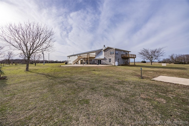 1522 Burney Cemetary, Calera, OK 74730 - exterior space with stairs, a patio area, stone siding, a wooden deck, and a yard
