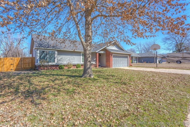 single story home with a front yard, a gate, fence, an attached garage, and concrete driveway