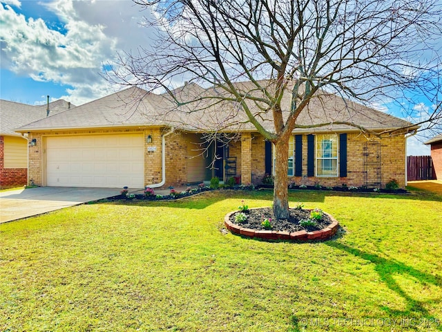 ranch-style house featuring driveway, brick siding, an attached garage, and a front lawn