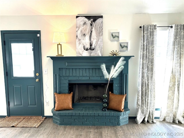 interior details with wood finished floors and a fireplace