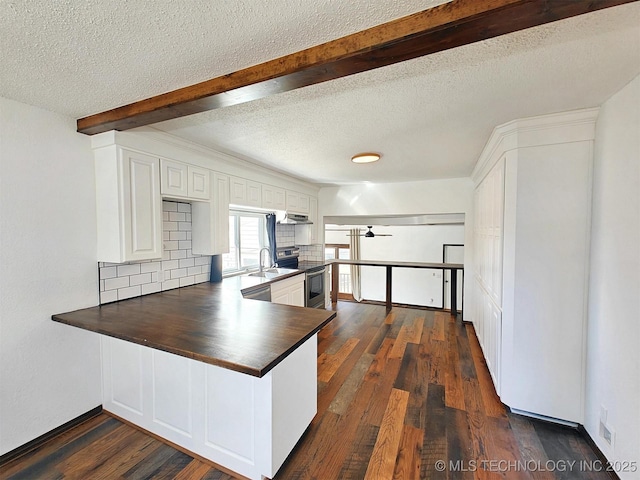 kitchen featuring beamed ceiling, backsplash, a peninsula, ceiling fan, and dark wood-style flooring