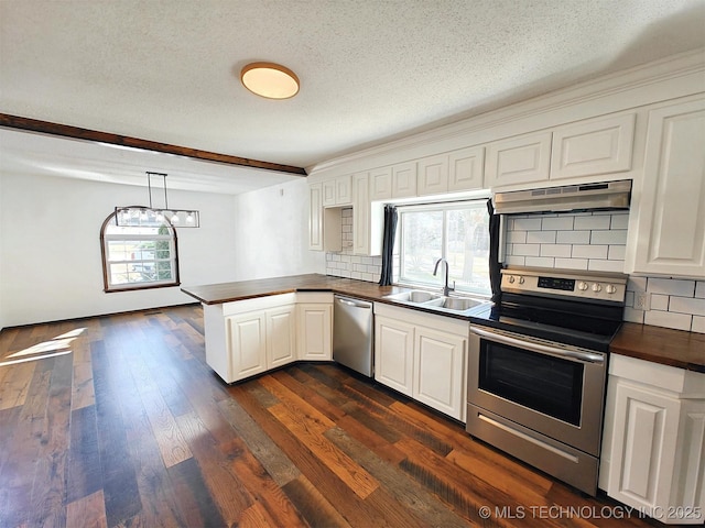 kitchen featuring dark wood finished floors, a peninsula, a sink, under cabinet range hood, and appliances with stainless steel finishes