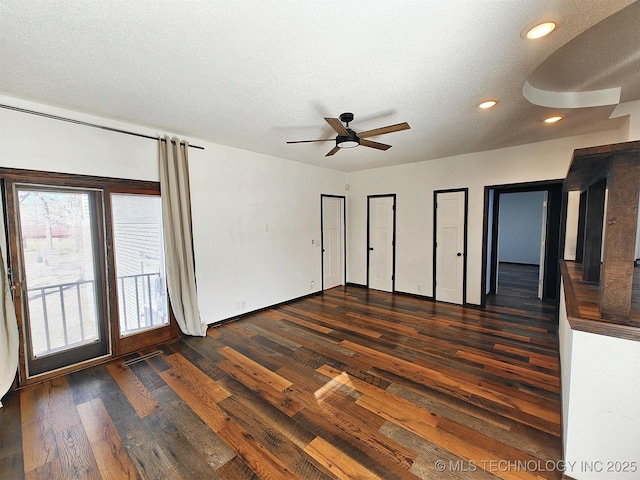 unfurnished bedroom featuring ceiling fan, recessed lighting, dark wood-style floors, a textured ceiling, and access to outside