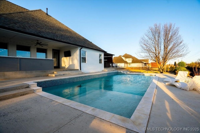 view of pool featuring a fenced in pool, a ceiling fan, a patio, and fence