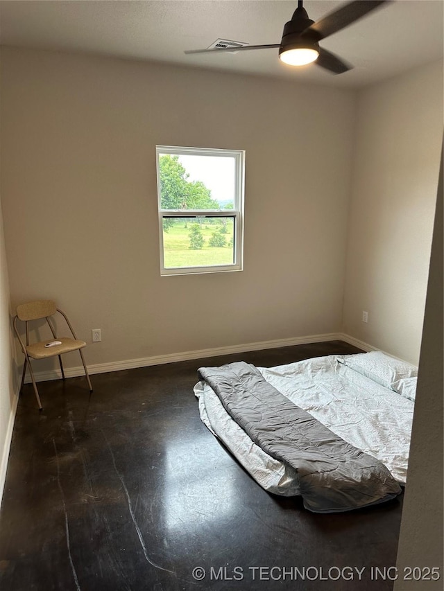 unfurnished bedroom featuring visible vents, ceiling fan, and baseboards