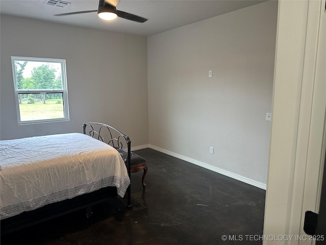 bedroom with visible vents, ceiling fan, concrete floors, and baseboards