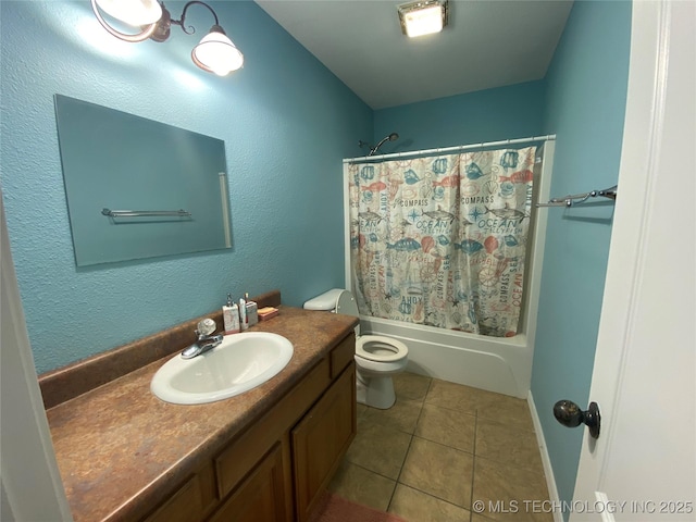 bathroom with vanity, tile patterned floors, toilet, and shower / bathtub combination with curtain