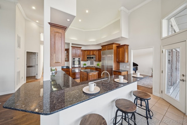 kitchen with a towering ceiling, appliances with stainless steel finishes, a kitchen bar, crown molding, and brown cabinets