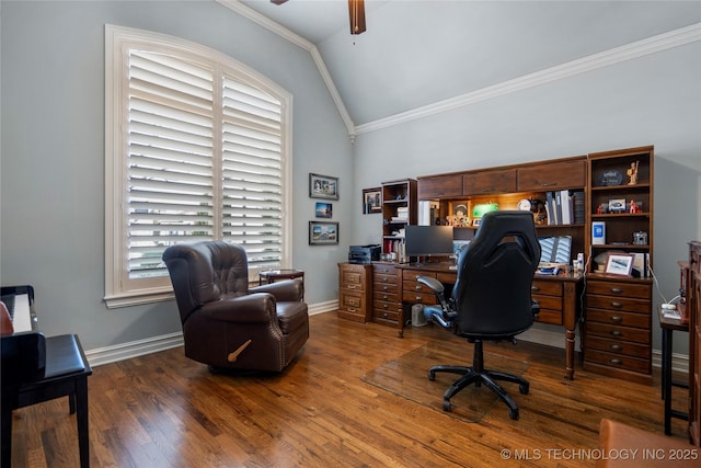 home office with wood finished floors, baseboards, ceiling fan, vaulted ceiling, and crown molding