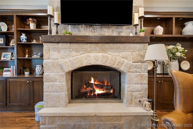 room details featuring a stone fireplace and wood finished floors